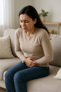 Mujer con dismenorrea y dolor de regla en la parte baja del abdomen