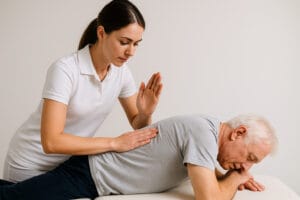 Fisioterapeuta realizando drenaje postural en paciente para mejorar la salud pulmonar
