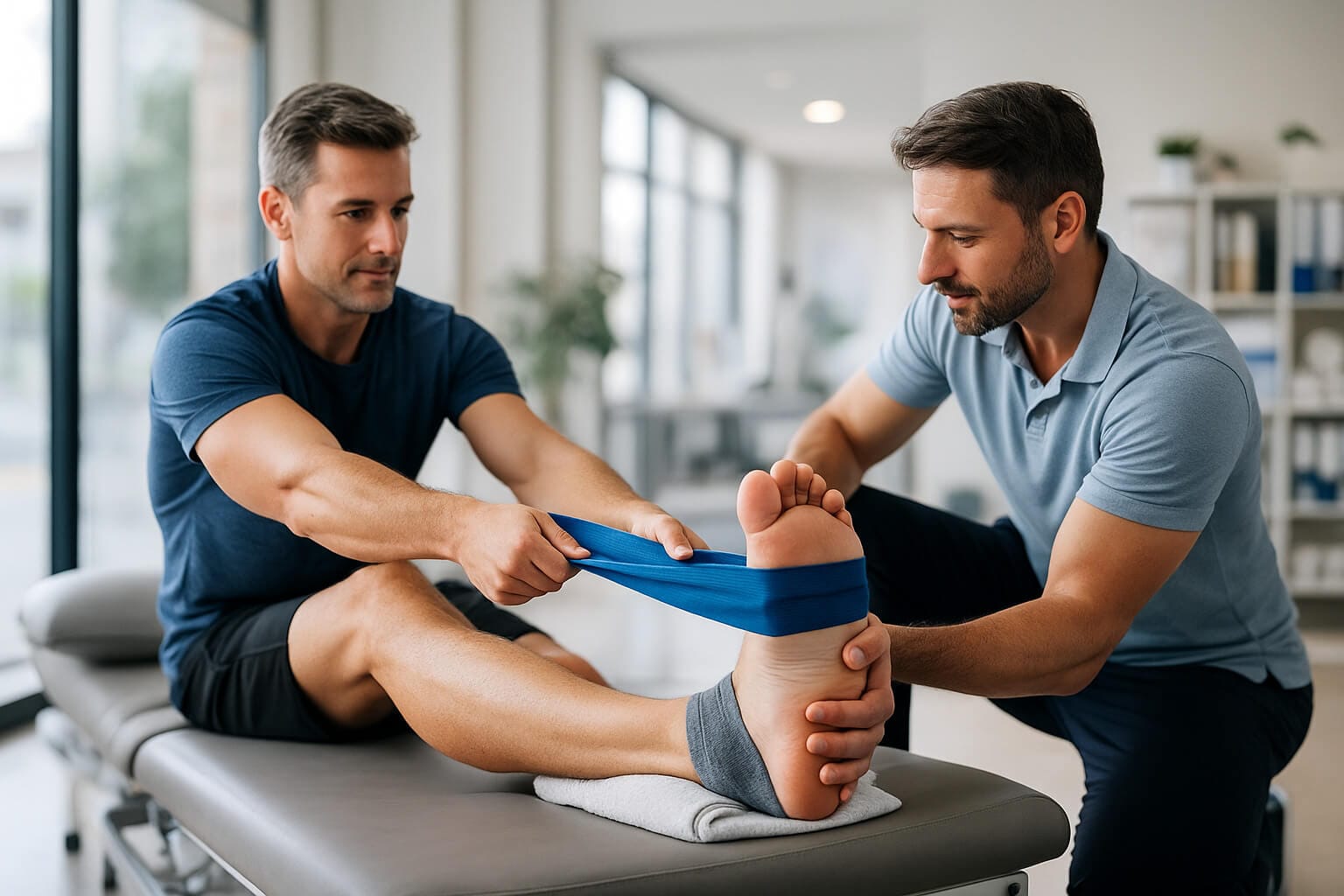 Estiramiento de la fascia plantar con ayuda de un fisioterapeuta Paciente realizando un estiramiento de la fascia plantar guiado por un fisioterapeuta.