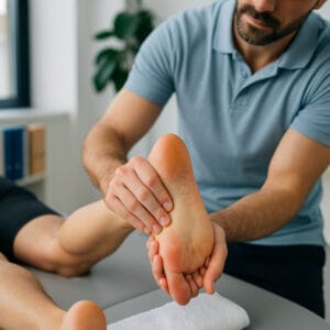 Fisioterapeuta realizando masaje en el talón para tratar la fascitis plantar en TMKiné.
