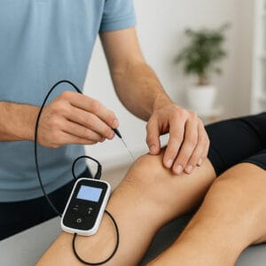 Fisioterapeuta aplicando neuromodulación con electrodos en clínica TMKiné Madrid