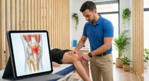 Exploración del tendón rotuliano en un tratamiento de tendinitis rotuliana en TMKiné Madrid