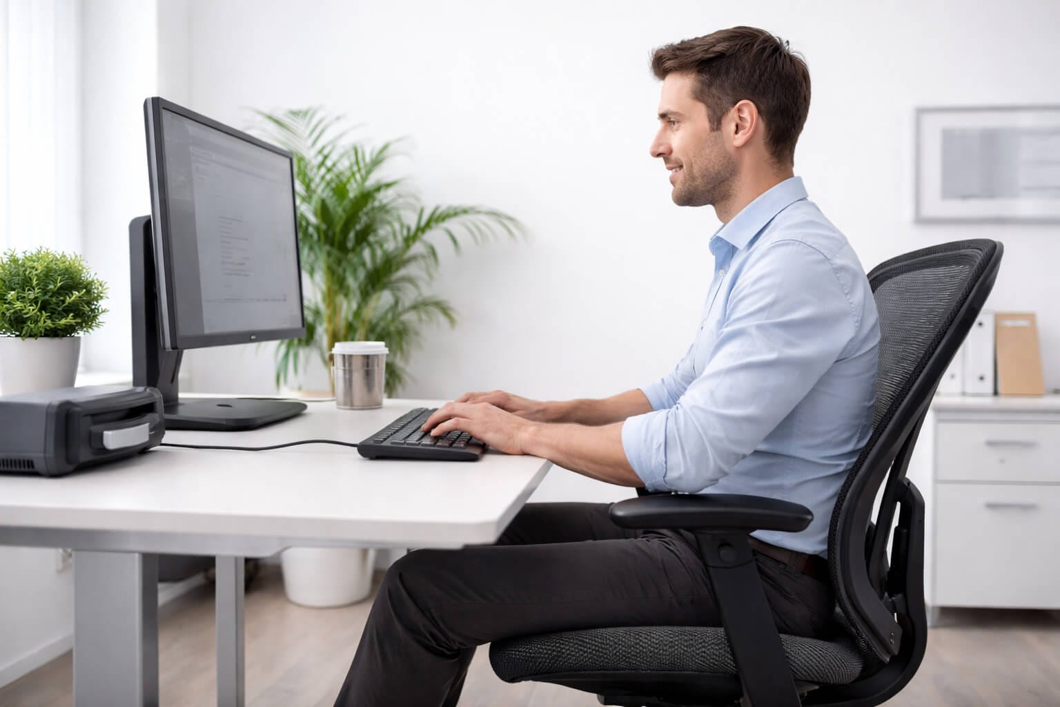Puesto de trabajo ergonómico para mejorar la postura y evitar dolor de espalda Puesto de trabajo con ergonomía laboral para mejorar la postura y evitar dolor de espalda