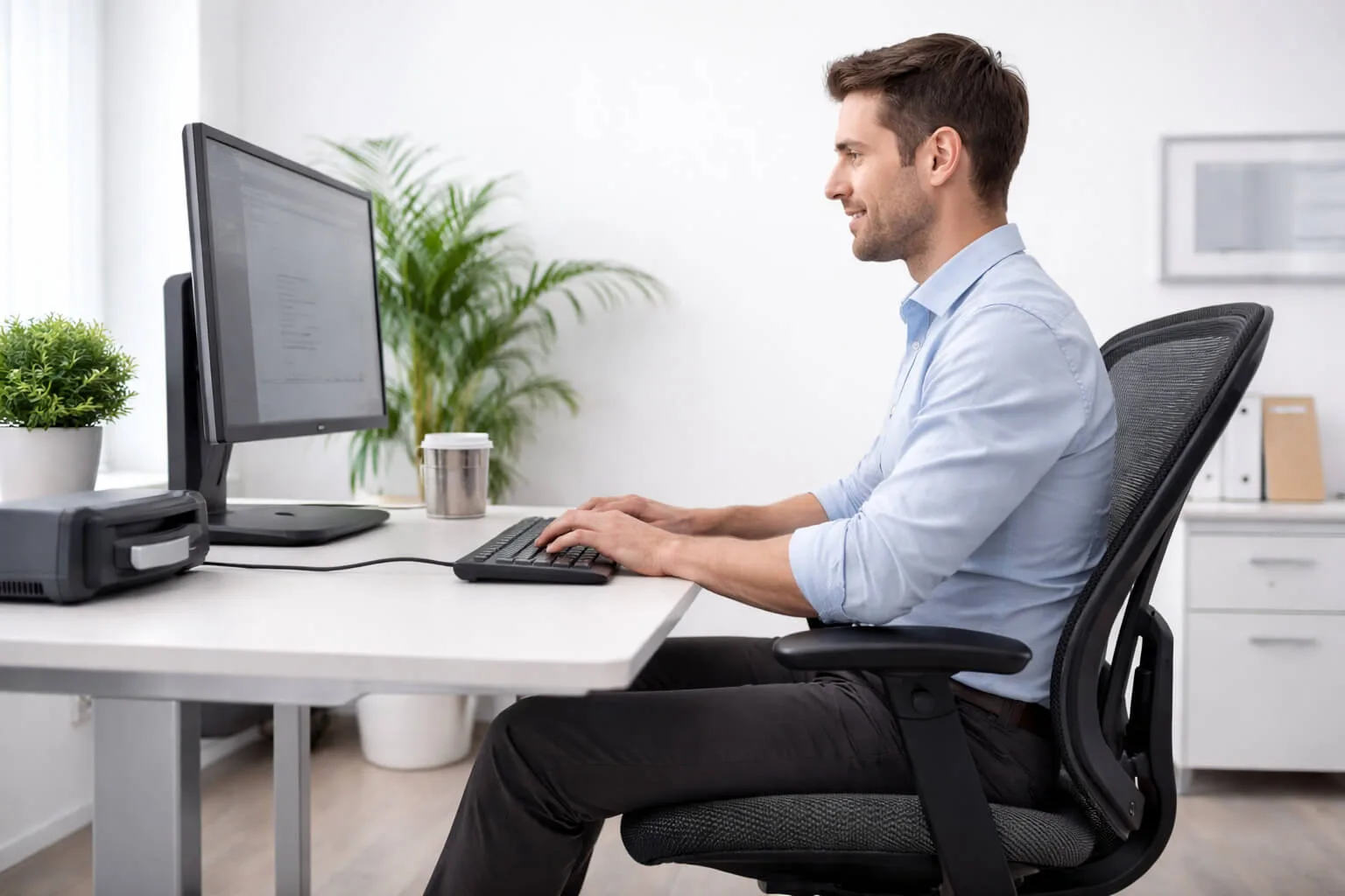 Puesto de trabajo ergonómico para mejorar la postura y evitar dolor de espalda Puesto de trabajo con ergonomía laboral para mejorar la postura y evitar dolor de espalda
