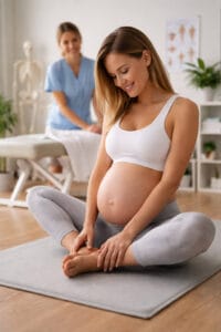 Mujer embarazada realizando ejercicios de suelo pélvico en una clínica de fisioterapia