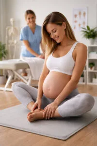 Mujer embarazada realizando ejercicios de suelo pélvico en una clínica de fisioterapia