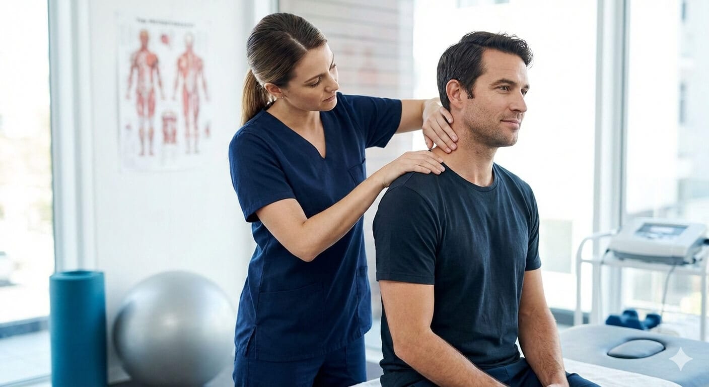 Valoración profesional de tensión cervical Fisioterapeuta realizando una valoración de tensión cervical y dolor de cuello en Fisioterapia TMKine