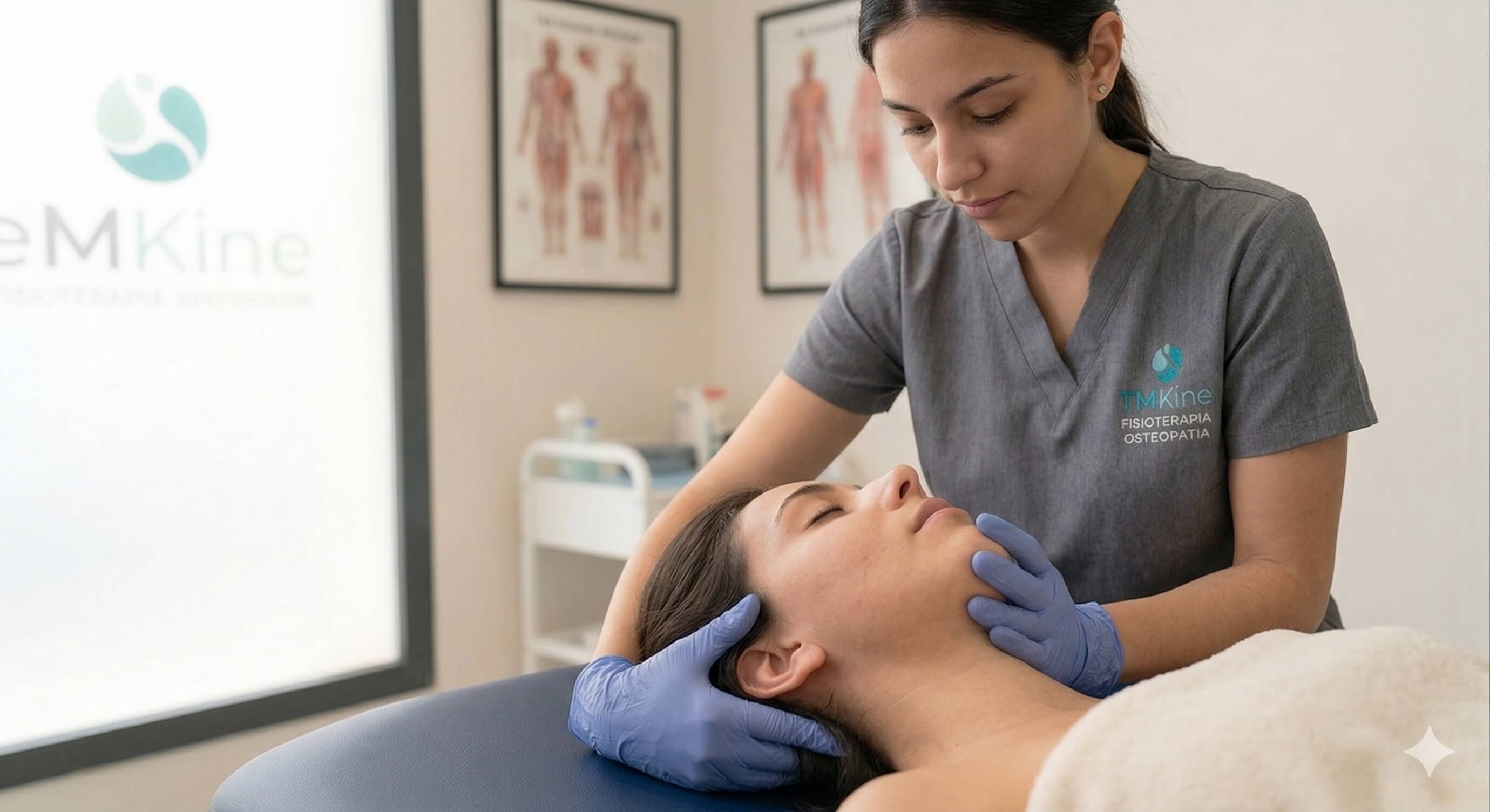 Punción Seca para ATM en TMKine Fisioterapeuta de TMKine realizando técnica de punción seca para tratar puntos gatillo en la zona cervical y mandibular
