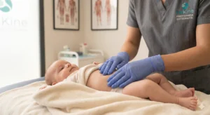 Fisioterapeuta pediátrico de TMKine realizando un masaje abdominal suave para aliviar el cólico del lactante y mejorar el tránsito intestinal.