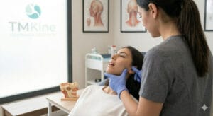 Especialista en ATM de la clínica TMKine realizando una valoración física y maniobras de terapia manual para aliviar el bruxismo y la tensión mandibular.