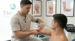 El director de TMKine realiza una prueba de movilidad y palpación en el codo de un paciente para diagnosticar una epicondilitis lateral.