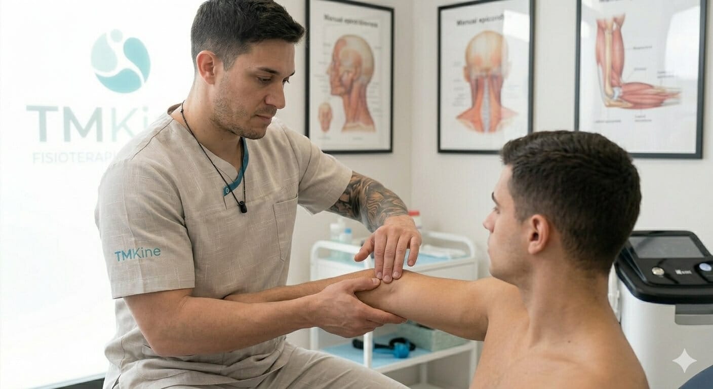 Fisioterapeuta de TMKine realizando valoración del codo de tenista