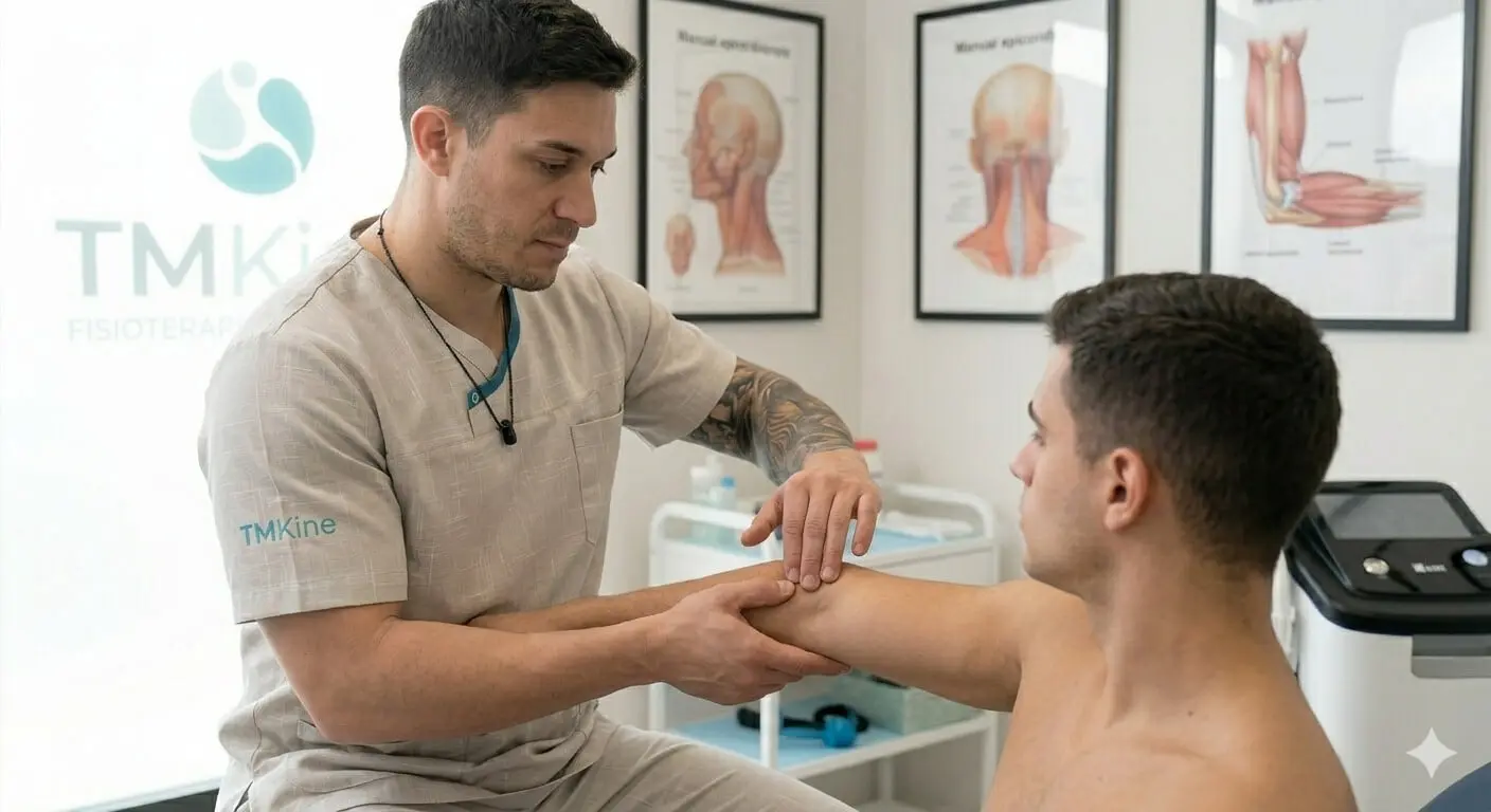 Valoración de epicondilitis en TMKine Fisioterapeuta de TMKine realizando valoración del codo de tenista