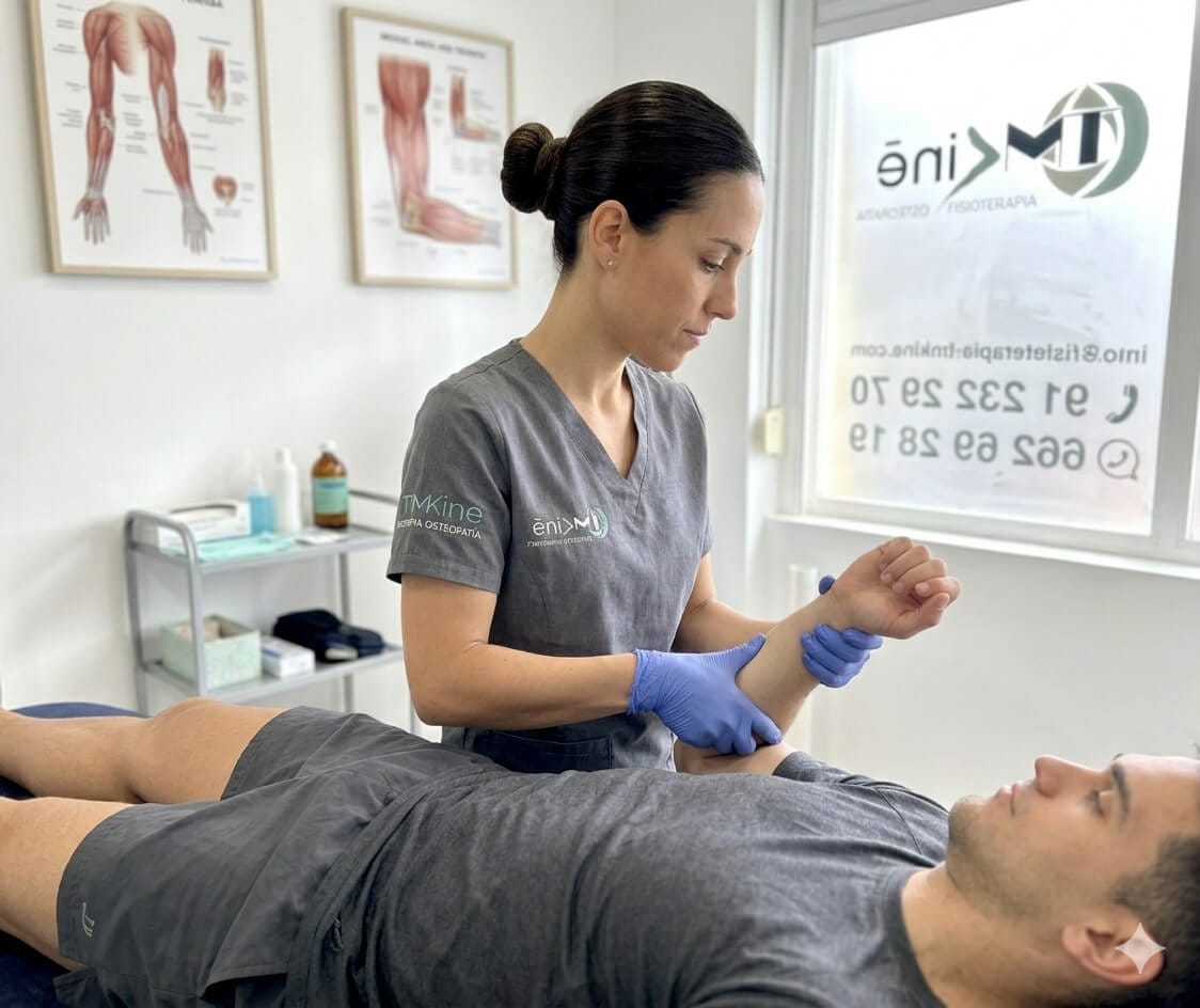 Fisioterapeuta realizando valoración de tendinitis del manguito rotador en TMKine