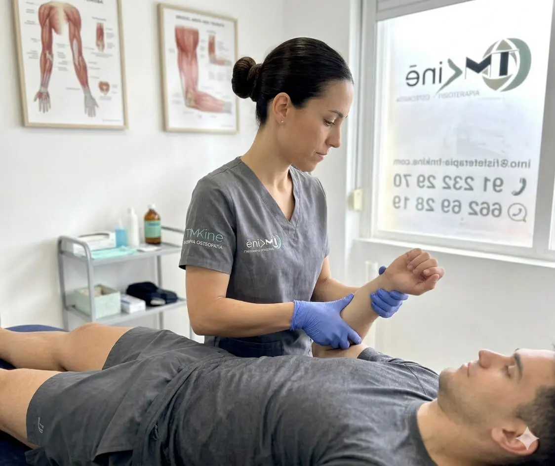 Valoración de hombro en TMKine Fisioterapeuta realizando valoración de tendinitis del manguito rotador en TMKine