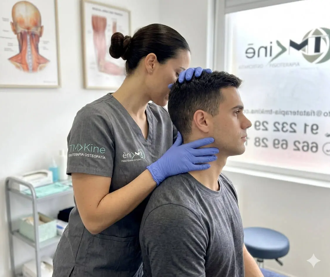 Valoración cervical en TMKine Fisioterapeuta realizando valoración de movilidad para tratar mareos cervicales en TMKine