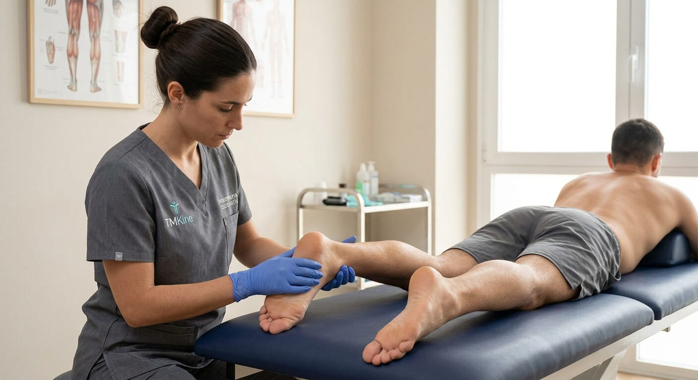 Fisioterapeuta realizando valoración de la inflamación del tendón de Aquiles en TMKine