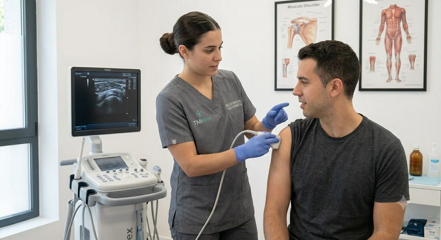 Diagnóstico con ecografía musculoesquelética Fisioterapeuta realizando una ecografía musculoesquelética en TMKine