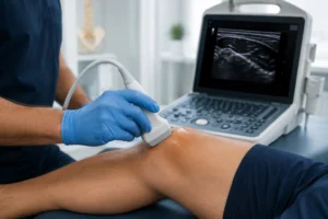 Paciente en TMKine recibiendo un tratamiento de fisioterapia avanzada guiado por tecnología avanzada.