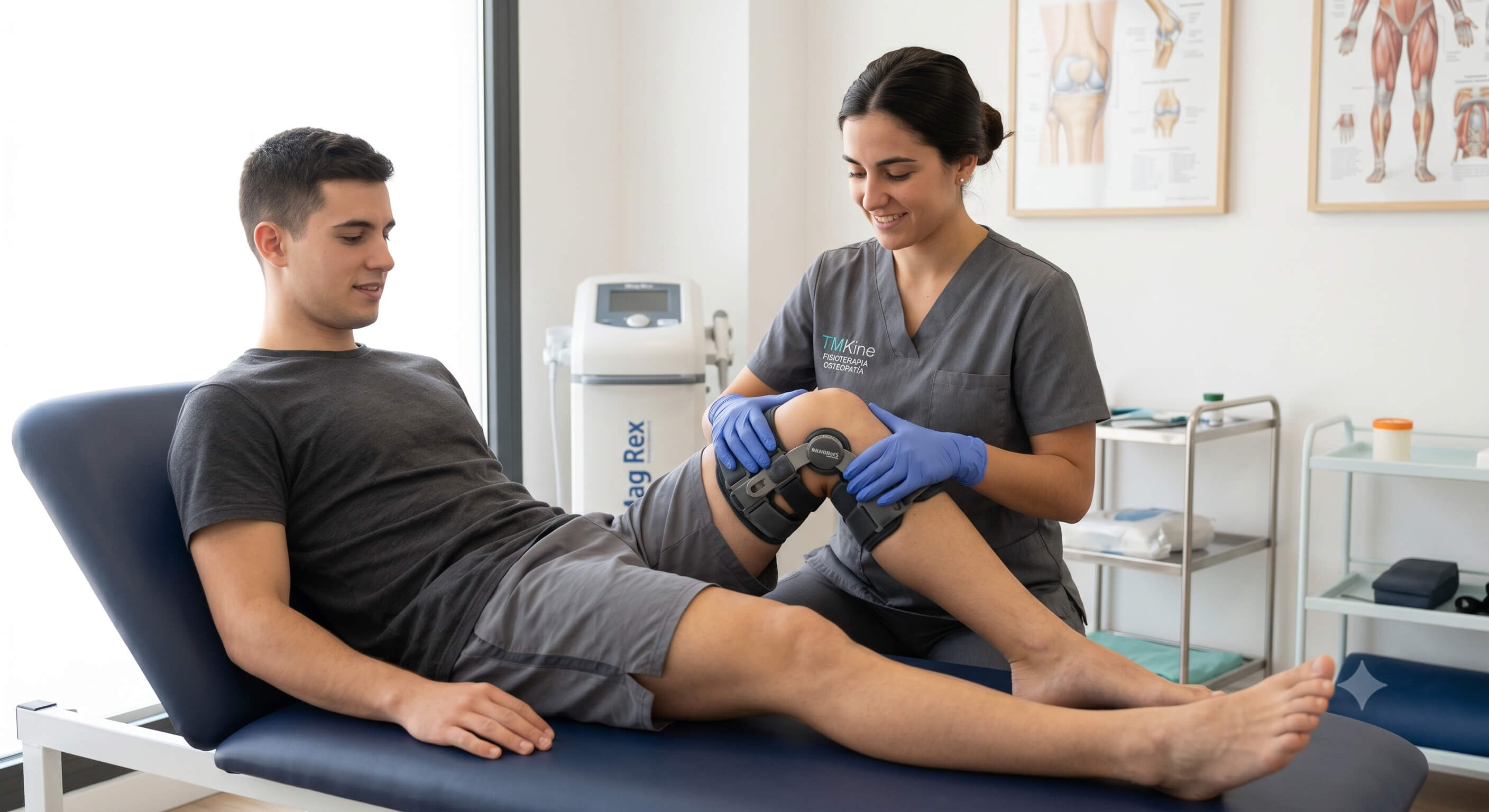 Valoración rodilla LCA Fisioterapeuta de TMKine realizando valoración de rodilla tras rehabilitación del LCA
