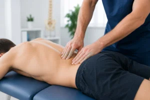 Fisioterapeuta de TMKine realizando la valoración física de un paciente con lumbalgia mecánica en nuestra clínica de Madrid