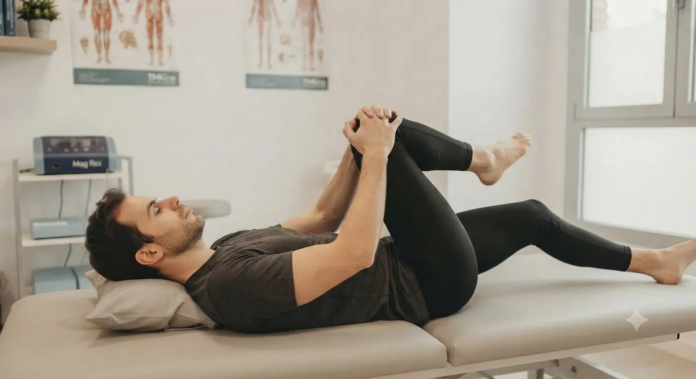 Paciente realizando estiramientos y tratamiento de fisioterapia para el dolor en el glúteo al estar sentado