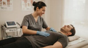 Fisioterapeuta de TMKine realizando una sesión de reentrenamiento de la respiración diafragmática a un paciente en Madrid.