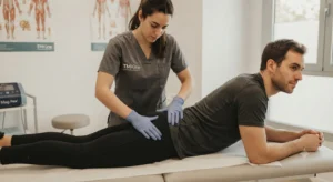 Fisioterapeuta de TMKine realizando una valoración del dolor en el glúteo al estar sentado a un paciente con ropa deportiva.