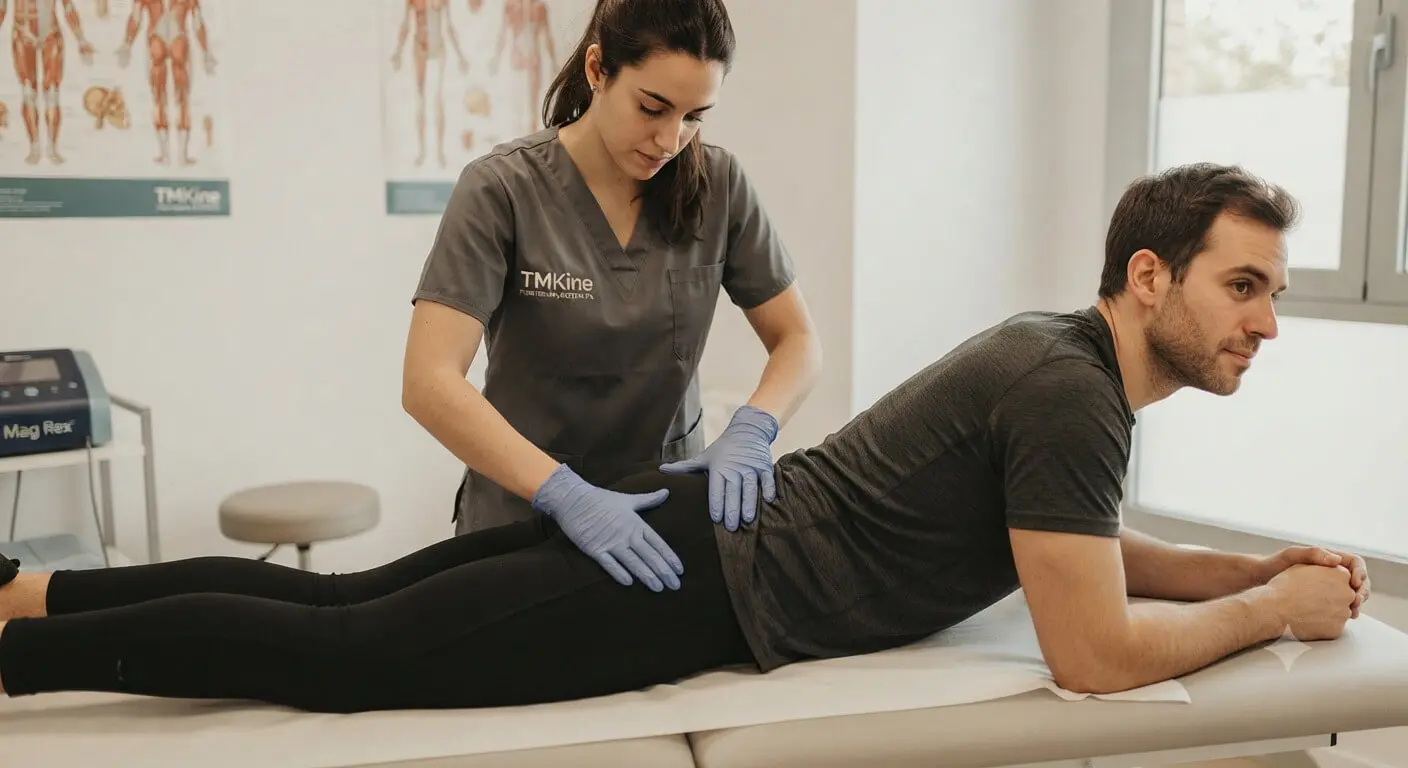 Fisioterapeuta evaluando dolor en el glúteo al estar sentado en TMKine