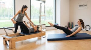 Comparativa de ejercicios de pilates reformer y pilates de suelo con instructora en la clínica TMKine.