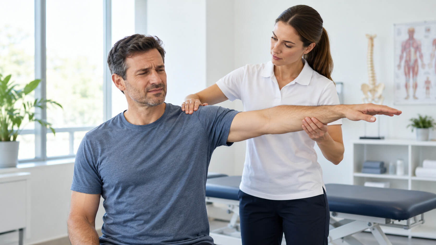 Valoración de dolor de hombro en fisioterapia Fisioterapeuta valorando dolor de hombro al levantar el brazo en Madrid