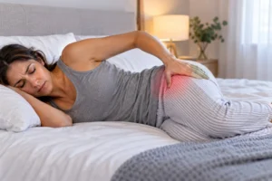 Mujer acostada de lado con dolor en la cadera mientras intenta dormir.