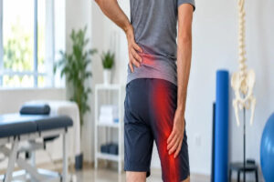 Persona con dolor lumbar que se extiende hacia el glúteo y la pierna por posible ciática.