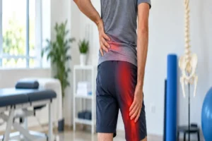 Persona con dolor lumbar que se extiende hacia el glúteo y la pierna por posible ciática.
