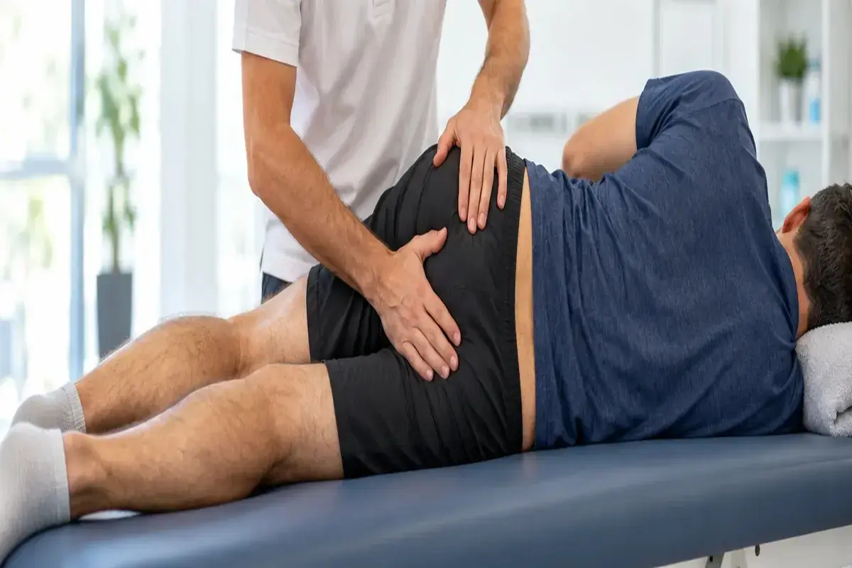 Fisioterapeuta valorando la movilidad lumbar de un paciente con síntomas de ciática